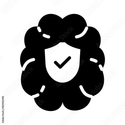 Mental health solid color icon. Health symbol with human brain and check mark.