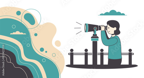 An illustrated person uses a telescope to observe something, with abstract shapes and a light color palette, representing vision.