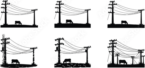 Cow grazing under wooden utility poles, rural farmland silhouette scene with overhead power lines, countryside electricity distribution infrastructure illustration