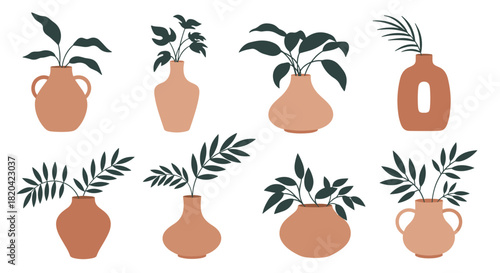 A collection of minimalist botanical illustrations featuring various potted plants and green foliage in diverse earthy tone ceramic vases and pots.