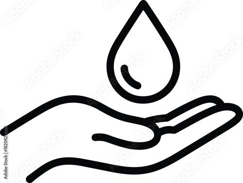 Hand receiving water drop outline icon for conservation and clean fluid