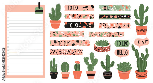 A collection of cute vector planner stickers featuring potted cacti, succulents, decorative washi tapes, and 'to do' and 'to buy' labels for organizing tasks.