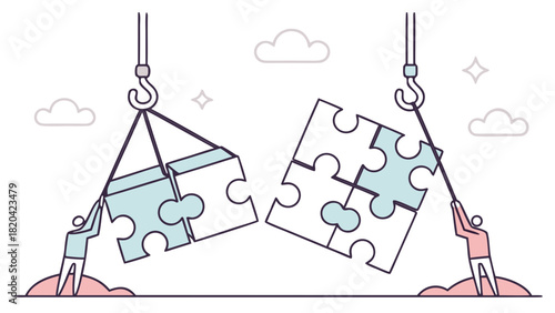 Two teams building collaboration with puzzle pieces, symbolizing teamwork, problem solving, and strategic connections