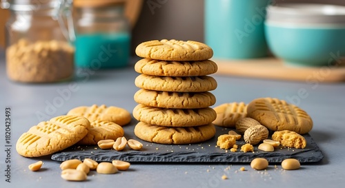 Stack of Peanut Butter Cookies. A stack of crunchy peanut butter cookies on a kitchen counter table in a plate, copy space.