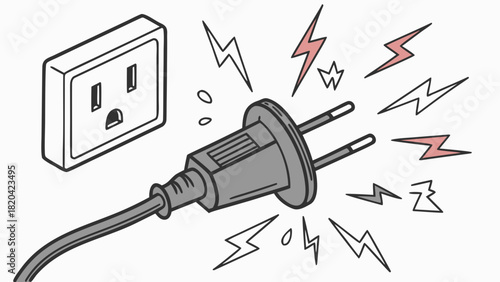 Powerful electrical outlet and plug with lightning bolts conveys energy, power, and electrical safety messages