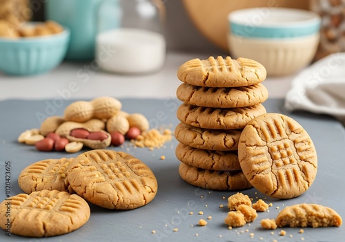 Stack of Peanut Butter Cookies. A stack of crunchy peanut butter cookies on a kitchen counter table in a plate, copy space.