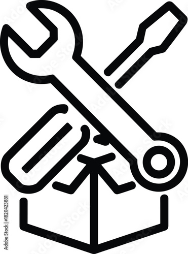 Tools and open box line icon for installation, delivery, or repair services