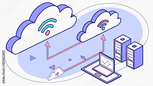 Cloud computing network connecting laptop to servers for data analysis and storage solutions in the digital age