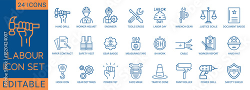 Editable labour and construction icon set featuring safety gear, tools, engineering symbols, worker equipment, labour day icons, and professional line vector illustrations — perfect for branding, UI.