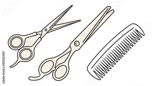 Stylized hair cutting tools featuring scissors and a comb for barbershop designs and beauty concepts