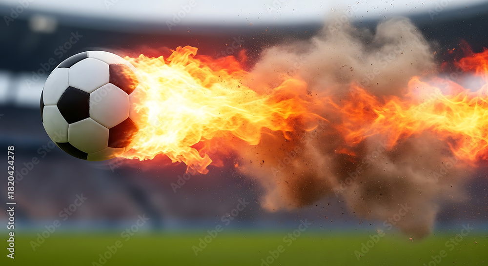 Naklejka premium Soccer ball on fire flying across stadium field