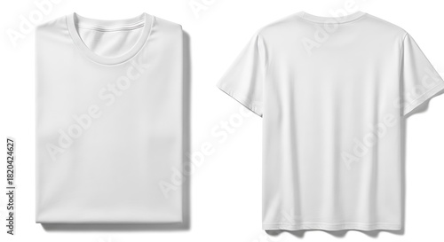 Front and back view of a plain white tshirt folded and laid flat on a white background