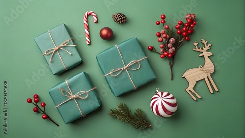 Festive green christmas gifts and decorations on a solid background