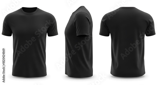 Front, side, and back view of a black tshirt isolated on white background, showcasing a versatile and essential piece of casual clothing