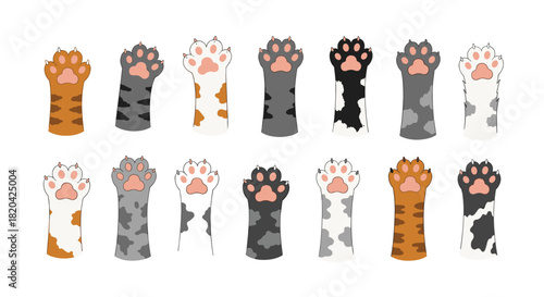 A vibrant collection of diverse cartoon cat paws, each displaying unique fur patterns and colors, isolated on a clean white background.