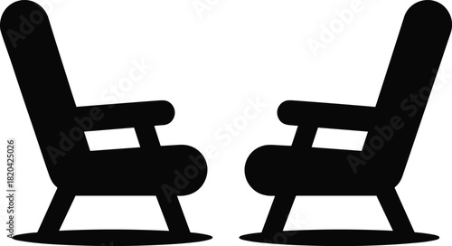 Two simple black silhouettes of empty lounge chairs facing each other on white