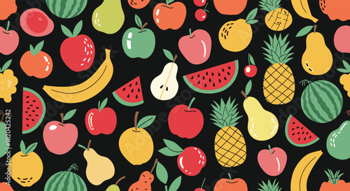 Colorful and playful seamless pattern featuring a variety of fresh fruits on a dark background for healthy eating designs.
