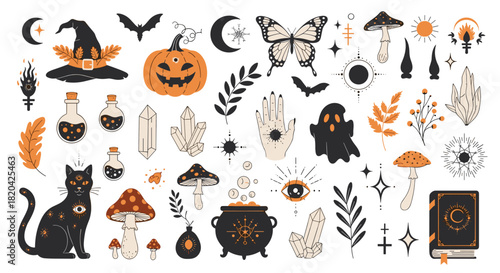 Festive set of Halloween and magical elements, including witch hats, pumpkins, ghosts, black cats, potions, and celestial symbols.