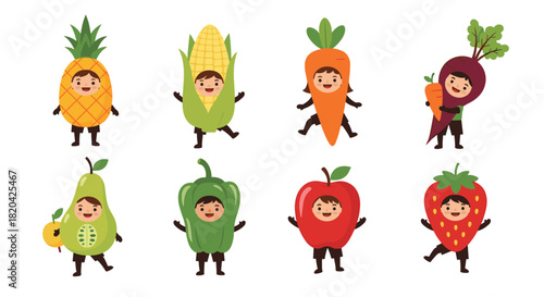 A group of cheerful children in various fruit and vegetable costumes, depicting a fun and educational concept of healthy eating.