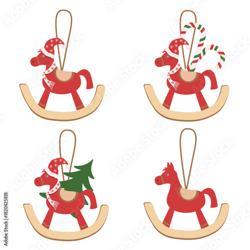 set of christmas icons.Collection of  Christmas tree decorations red horses isolated on white background.Vector set for Christmas designs.