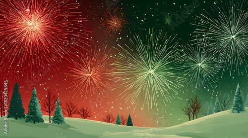 A Spectacular Christmas Holiday Background Featuring Vibrant Fireworks Bursting in the Night Sky Above a Peaceful Winter Landscape for Festive Design Projects fireworks over the city