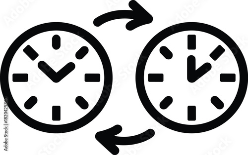 Synchronized time icon, two clock faces with arrows depicting a changeover