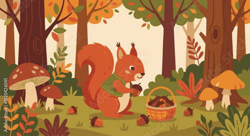 Squirrel Gathering Acorns
Flat vector squirrel collecting acorns on the forest floor, small basket beside,
