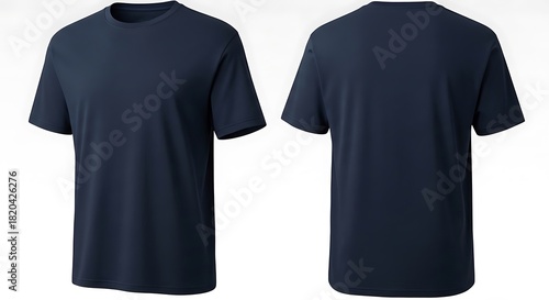 Front and back view of a plain navy blue tshirt isolated on white background