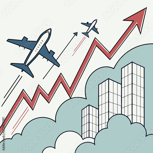 Aviation soars to new heights showcasing business growth with rising arrow and city skyline illustration