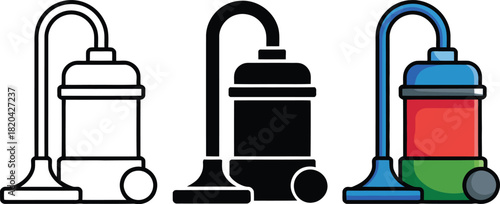 Three Vacuum Cleaner Icons Outline Silhouette and Color , vacuum cleaner, cleaning, appliance, household, 