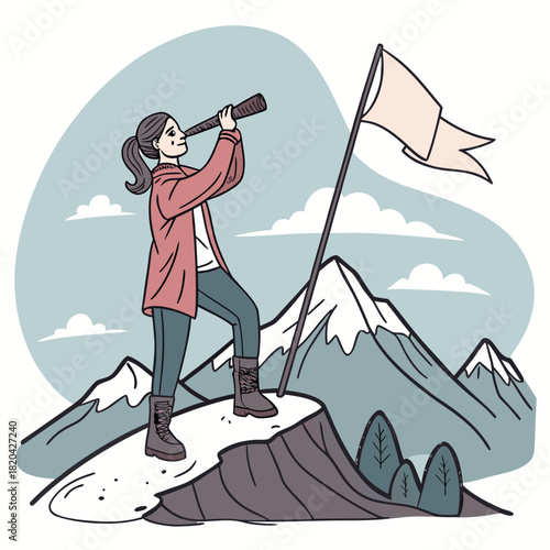 Visionary woman conquers mountain peak looking through telescope at future opportunities, leadership and success