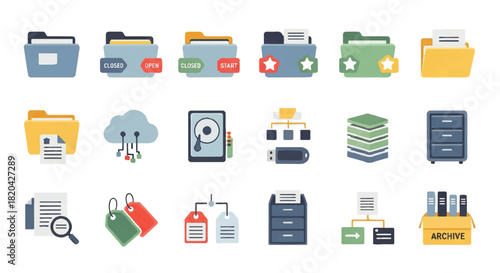 A collection of flat vector icons representing various data management and storage concepts