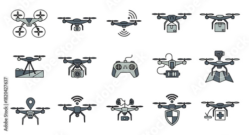 Drone Icons Collection of Aerial Drones for Transportation and Delivery Services