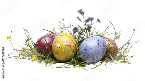 Colorful Easter eggs decorated with vibrant patterns and bright hues showcasing festive designs isolated on white background