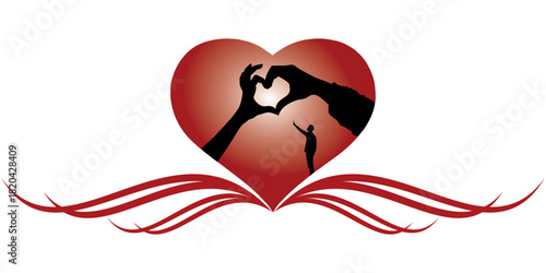 A heart and hands with red ribbon