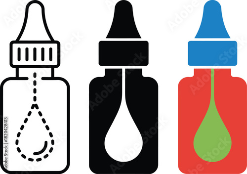 Three Variations of a Dropper Bottle Icon vector illustration , dropper, three, variations, glass, wine, drink, bottles, liquid