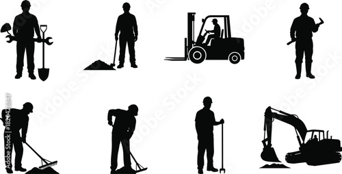 Construction and industrial worker silhouettes illustration, eight monochrome icons of laborers with tools, forklift, and excavator, building and earthmoving.
