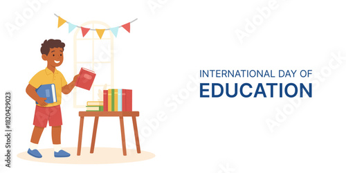 International Day of Education banner. Smiling boy holding book in classroom during International Day of Education, book symbolizes curiosity and knowledge growth