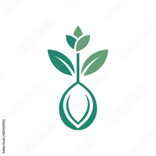 Green sprout growing from a stylized seed pod with leaves plant growth