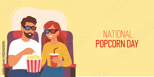 National Popcorn Day banner. Man and woman wearing 3D glasses enjoying popcorn in cinema, popcorn illustration celebrates National Popcorn Day with cheerful mood and bright festive atmosphere.
