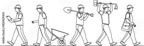 Continuous line drawing of construction workers, five figures walking with wheelbarrow, shovels, and plans, industrial labor vector illustration.