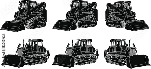 Heavy construction machinery illustration, six monochrome black and white track loaders and bulldozers, equipment for earthmoving, building, and landscaping projects,