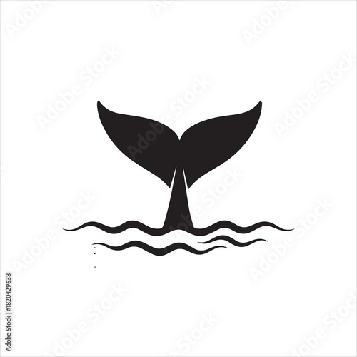  Silhouette whale tail rising from ocean waves Vector illustration