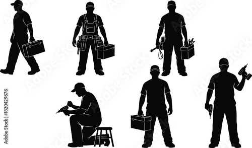 Handyman and tradesman silhouettes, seven monochrome icons of professional workers carrying toolboxes and using power drills, repair and service graphic.