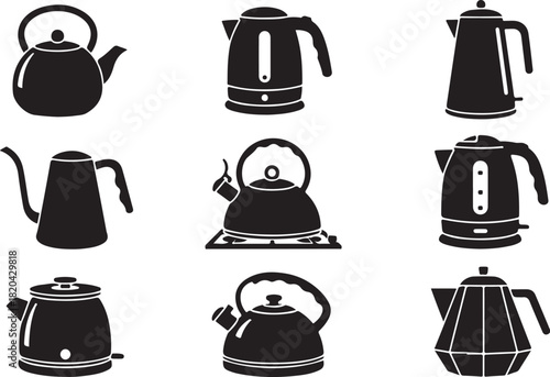 Collection of Black Silhouettes of Various Kettles on White Background teapot electric kettle