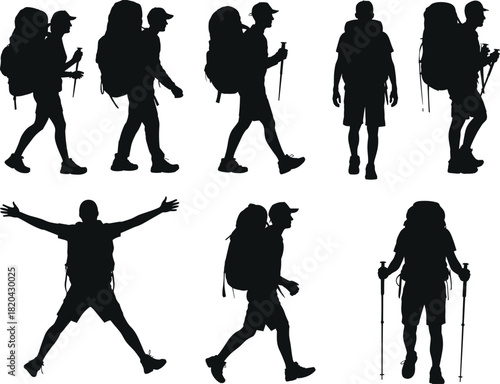 Hikers and backpackers silhouettes set, eight monochrome vector icons of travelers with large bags and trekking poles, outdoor adventure graphic.