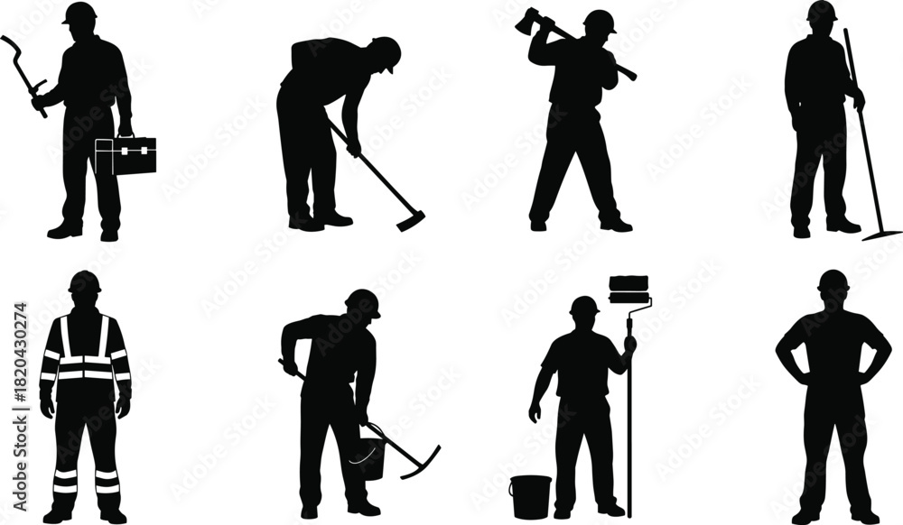 Obraz premium Industrial worker silhouettes set, eight monochrome icons of laborers with tools, hard hats, safety vest, and painter, maintenance and repair graphic.