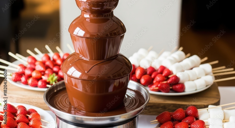 Obraz premium Chocolate fountain with strawberries and marshmallows on wooden boards for a party or event, a sweet and delicious treat