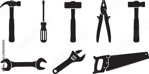 Set of Black Silhouettes of Common Hand Tools on White Background hammer screwdriver