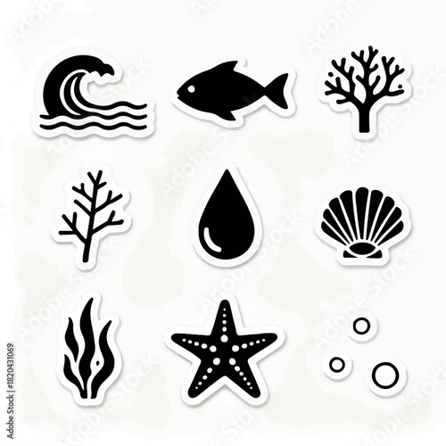Oceanic icons wave fish coral kelp water drop shell starfish bubbles